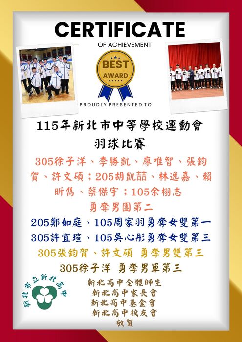 114年新北市中等學校運動會羽球比賽圖片