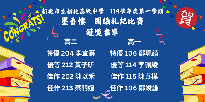 114學年度第一學期 墨香樓閱讀札記比賽 獲獎名單圖片