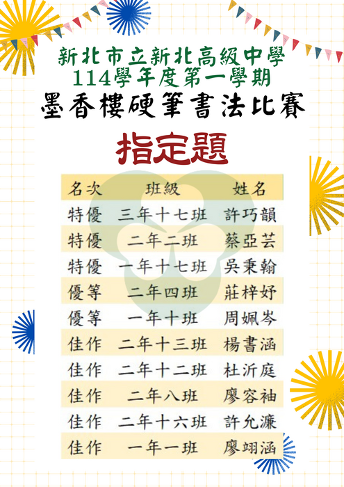 硬筆書法比賽-指定題-榜單圖片